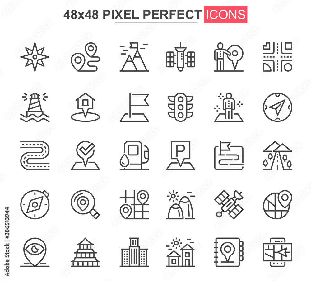 Naklejka premium Navigation thin line icons set. Destination and route tracking unique design icons. Geolocation and positioning, GPS navigation outline vector bundle. 48x48 pixel perfect linear pictogram pack.