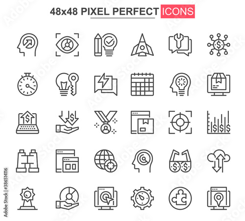 Startup thin line icons set. Business idea generation and development. Startup project, company founding unique design icons. outline vector bundle. 48x48 pixel perfect linear pictogram pack.