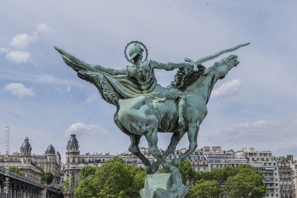 Renaissance France (La France Renaissante) - an equestrian statue installed on the Bir-Hakeim Bridge (formerly Pont de Passy, 1878) in Paris. France.