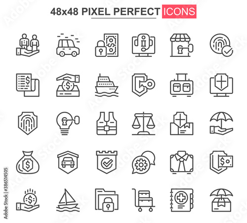 Insurance thin line icons set. Accidents protection and life insurance unique design icons. Financial safety, retirement program outline vector bundle. 48x48 pixel perfect linear pictogram pack.