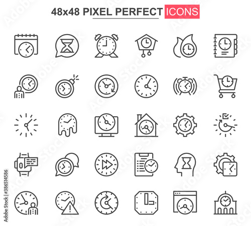 Time thin line icons set. Business productivity, efficiency unique design icons. Time measuring and management, deadline and countdown outline vector bundle. 48x48 pixel perfect linear pictogram pack.