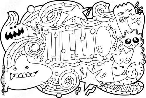 Hello funny monster group behind ,illustration of monsters and cute alien friendly cool cute hand-drawn monsters collection
