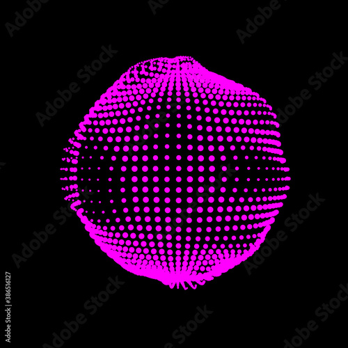 A deformed deflating sphere formed from a sea of dots. An unstable sphere, iridescent with abstract smooth deformations.