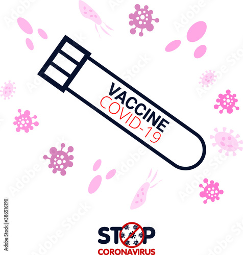 Anti Coronavirus disease COVID-19 infection medical vaccine with typography and copy space. New official name for Coronavirus disease named COVID-19. Blood test tube covid 19 line icon, vector.