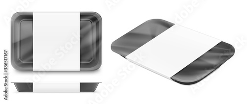Set of horizontal tray container mockup. Vector illustration isolated on transparent background. Layered template file easy to use for your promo product: meat of animals, chicken, fish. EPS10	