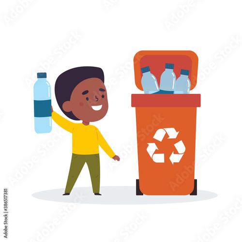 Cute boy sorting trash and garbage for recycling. The boy found the proper container for plastic waste. Eco and environment friendly eduction. Vector illustration in flat style