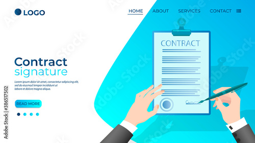 Contract signature.A businessman signs a contract.In the hands of a businessman, a fountain pen and a document.Business activity the concept of successful negotiations and agreements.Flat vector illus