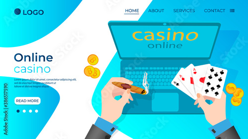 Online casino.Of computer hand, a gambler and playing cards.The concept of organizing online gambling.Flat vector illustration.The template of the landing page.