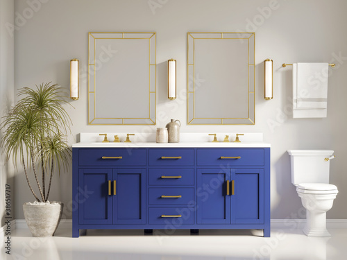 Stampa su tela 3d modern contemporary chic bathroom with two rectangle brass mirrors and a blue