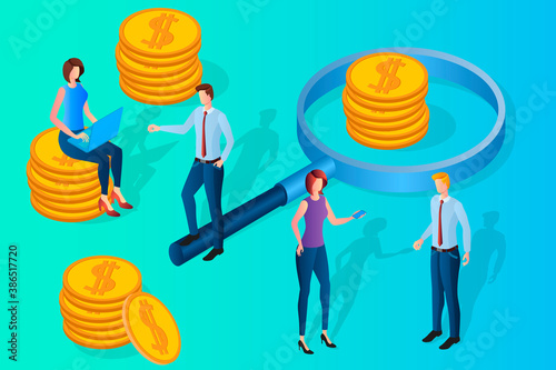 Search for financial investments.People on the background of coins and a magnifying glass.The concept of helping businesses.Financial contribution to the development of production.3D image.