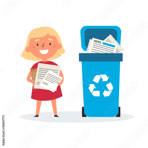 Cute girl sorting trash and garbage for recycling.The girl found way of paper waste to the proper container.Eco and environment friendly eduction.Vector illustration in flat style