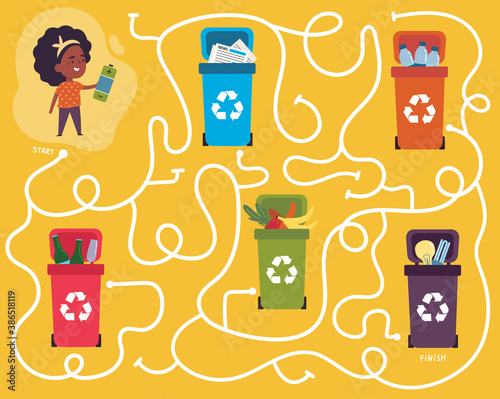 Recycling maze for kids with a solution.Labyrinth game to find way of electronic waste to proper container.Eco and environment friendly eduction.Connect recycle can and garbage puzzle.Vector.