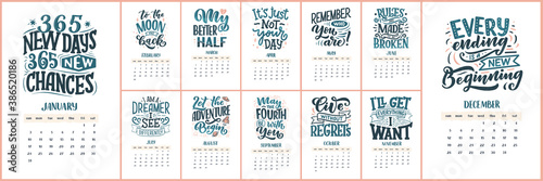 Modern typography lettering compositions for 2021 year calendar with funny motivation quotes. Hand drawn illustrations. Trendy season slogans, vector graphic