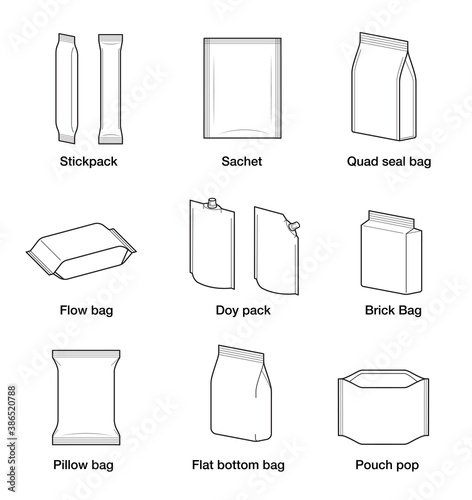 Set of types of flexible packaging. Infographics. Vector illustration isolated on white background, ready and simple to use for your design. EPS10.