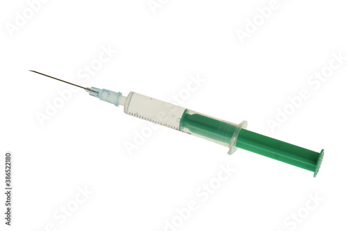 Plastic syringe with injection on a clean white clipping background.