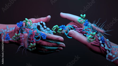 Bacteria on the hands, infections spread by hands, Washing your hands can prevent infections.