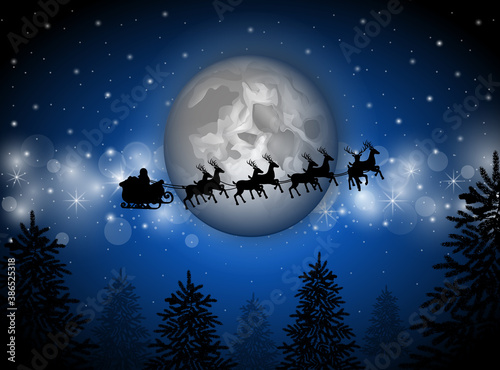 christmas background. santa claus sleigh flying on the sky in front of the full moon