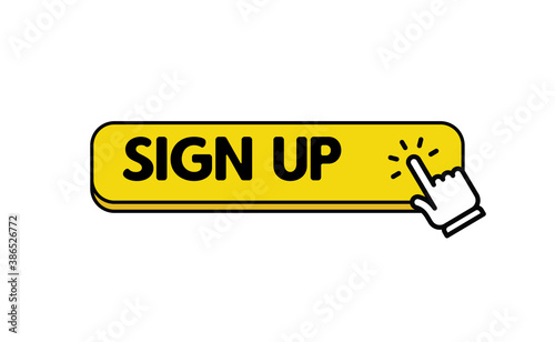 Sign up button with hand clicking icon.