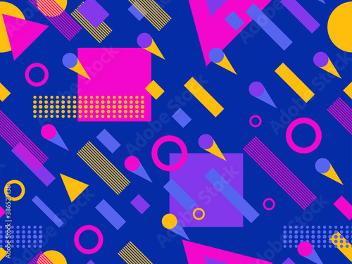 Seamless pattern with geometric shapes in the style of the 80s. Multicolored vintage background with triangles, circles and squares for brochures, banners and wrapping paper. Vector illustration