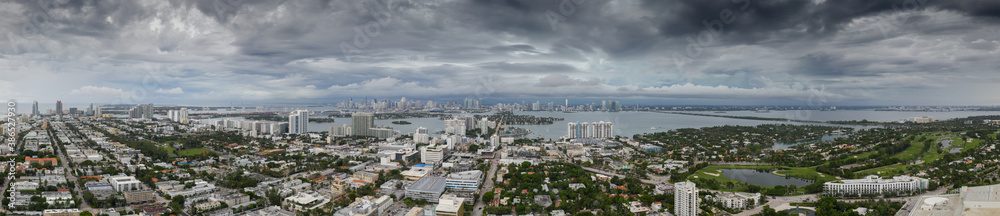 Aerial panorama Miami Beach storm overcast clouds