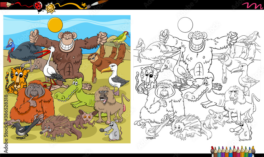 cartoon animal characters group coloring book page