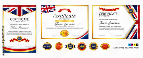 set of Diploma certificate template with luxury and glamour style, or certificate with gold badge, or Diploma certificate template with UK flag wave theme . eps vector cmyk mode, easy to modify