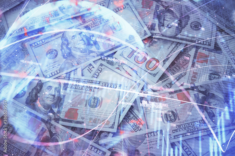 Double exposure of forex graph drawing over us dollars bill background. Concept of financial markets. Double exposure of forex graph drawing over us dollars bill background. Concept of financial markets.