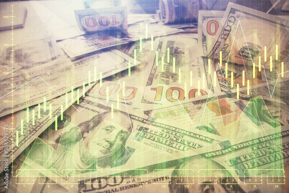 Multi exposure of forex chart drawing over us dollars bill background. Concept of financial success markets. Multi exposure of forex chart drawing over us dollars bill background. Concept of financial success markets.