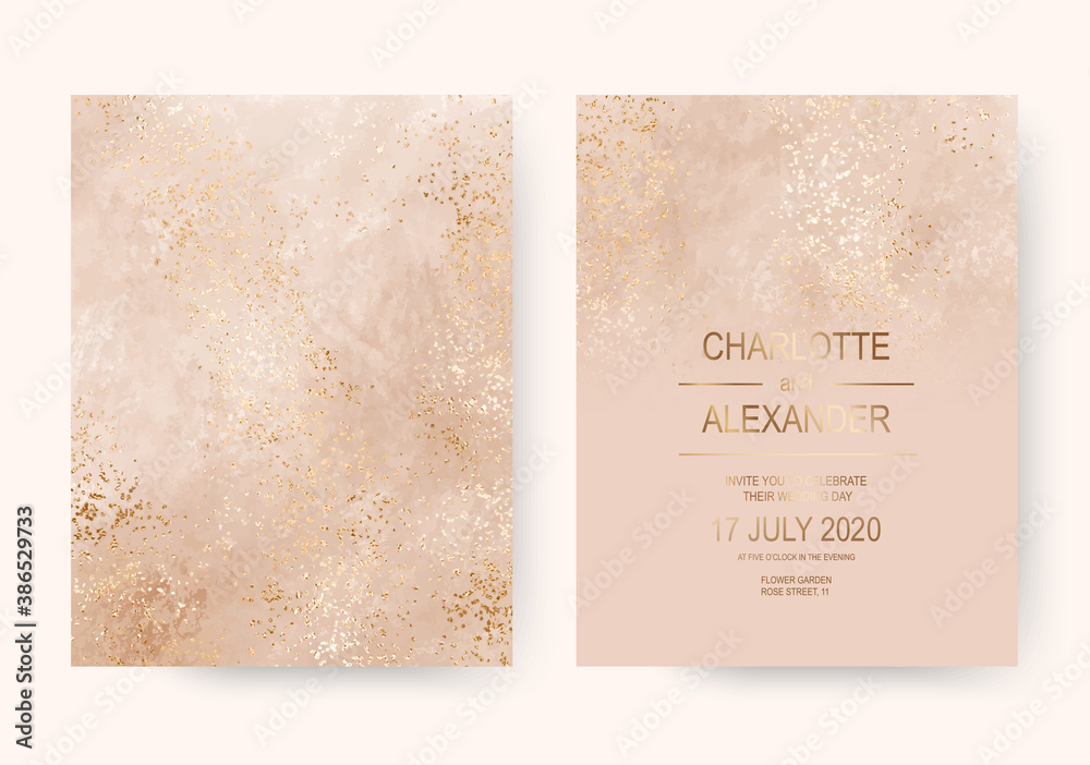 Luxury soft pink acrylic wedding invitation cards with gold foil dust.