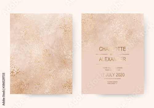 Luxury soft pink acrylic wedding invitation cards with gold foil dust.
