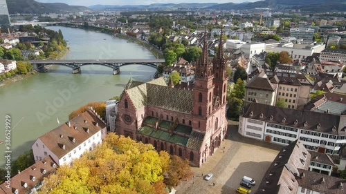 The Cathedral of Basel in the hisoric district - view from above by drone photo