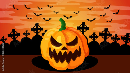 Pumpkin, bats, graves illustration wallpaper. Orange jack-o-lantern wallpaper. Halloween wallpaper large lantern in center.