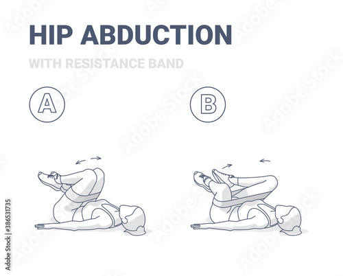 Hips Abduction with Resistance Band Female Home Workout Exercise Guidance Illustration.