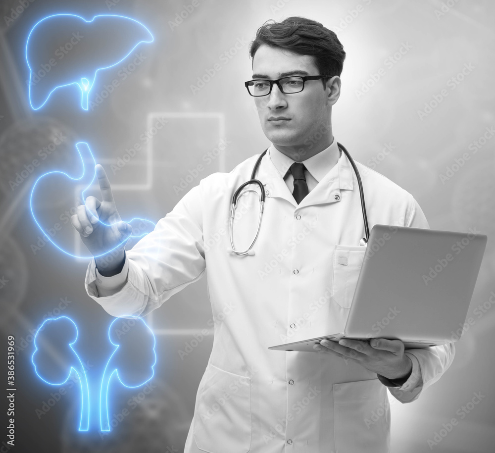 Telemedicine concept with doctor pressing virtual buttons Telemedicine concept with doctor pressing virtual buttons