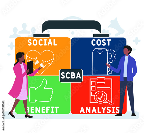 Flat design with people. SCBA - Social Cost Benefit Analysis  acronym. business concept background. Vector illustration for website banner, marketing materials, business presentation, online advertisi