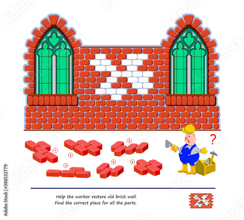 Logic puzzle game for children and adults. Help the worker restore old brick wall. Find the correct place for all parts. Printable page for kids brain teaser book. Developing kids spatial thinking.