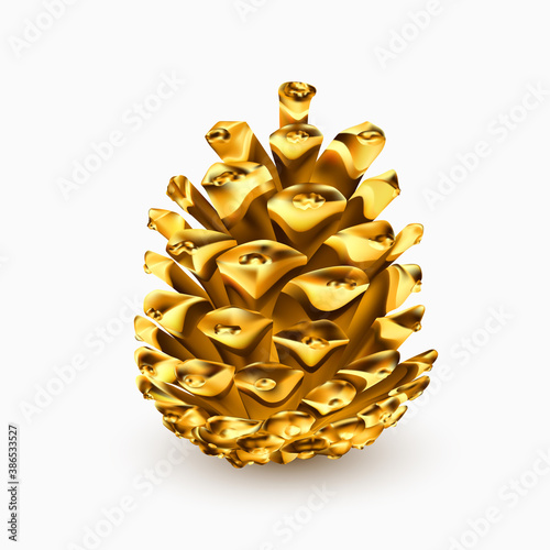 Gold pine cone. Golden christmas decoration. Realistic 3d object isolated on white. Greeting card template design element. Pinecone vector icon, symbol, decor