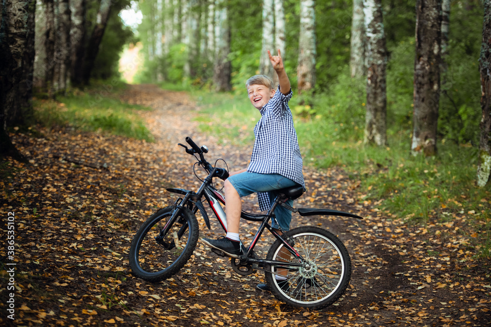 Joyful boy on a bicycle with a hands raised in the park