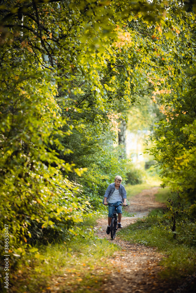 Obraz premium Boy rides the bike in the autumn forest