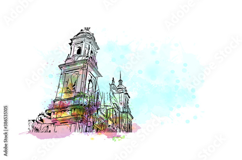 Building view with landmark of Bogota is Capital of Colombia. Watercolor splash with hand drawn sketch illustration in vector.