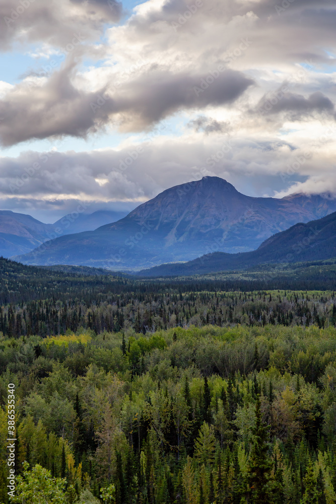 View of Scenic Mountains and Landscape on a Cloudy Morning in Canadian Nature. Taken in Northern British Columbia, Canada.