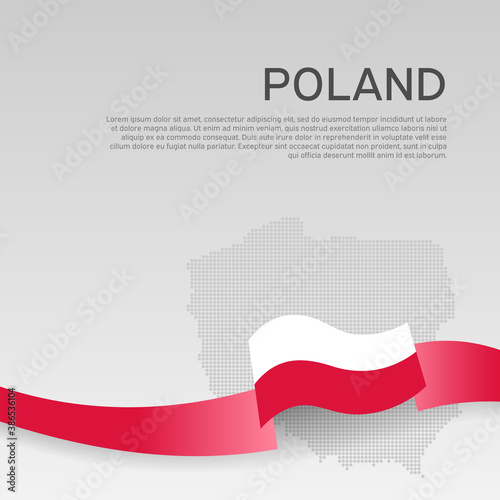 Poland wavy flag and mosaic map on white background. Wavy ribbon poland flag colors. National poster. Business booklet. Vector design. Polish state patriotic banner, cover