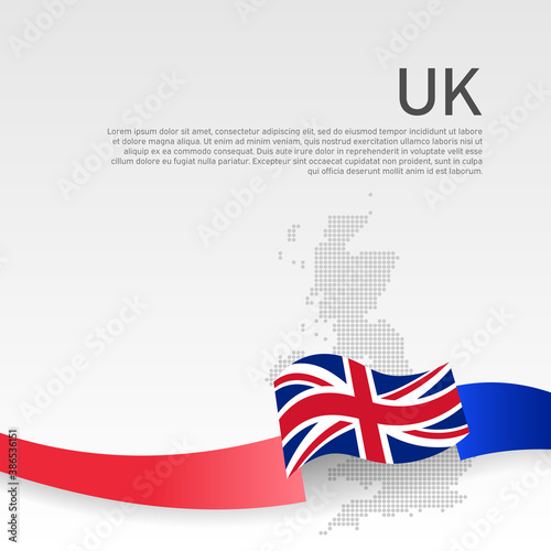 Great Britain wavy flag, mosaic map on white background. Wavy ribbon color flag of great britain. National poster of united kingdom. Vector design. Business booklet. UK state patriotic cover, flyer