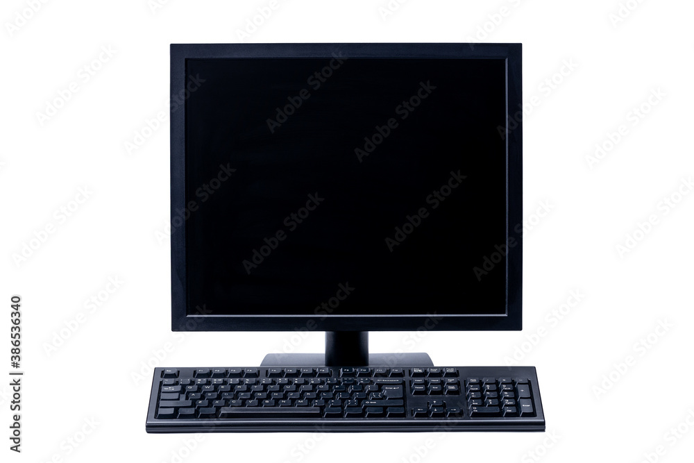 blank computer screen. desktop lcd monitor and keyboard isolated on a white background. computer hardware blank computer screen. desktop lcd monitor and keyboard isolated on a white background. computer hardware