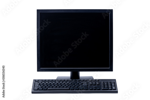 blank computer screen. desktop lcd monitor and keyboard isolated on a white background. computer hardware