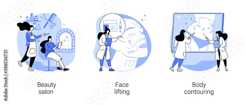 Aesthetic services abstract concept vector illustration set. Beauty salon, face lifting, body contouring, make up and hair stylist, anti age treatment, plastic body correction abstract metaphor.