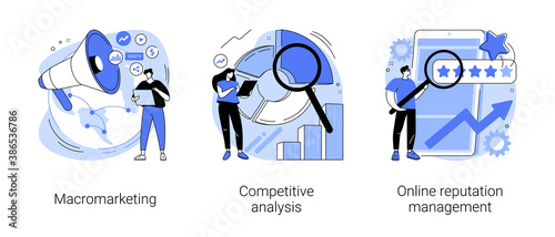 Global marketing strategy abstract concept vector illustration set. Macromarketing, competitive analysis, online reputation management, market analysis, digital image, social media abstract metaphor.