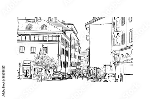 Building view with landmark of Bolzano is a city in the South Tyrol province of north Italy. Hand drawn sketch illustration in vector.