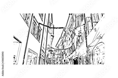 Building view with landmark of Bolzano is a city in the South Tyrol province of north Italy. Hand drawn sketch illustration in vector.