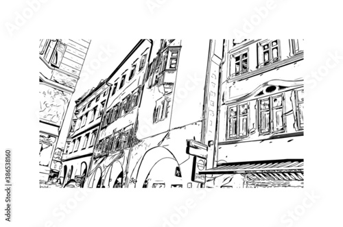 Building view with landmark of Bolzano is a city in the South Tyrol province of north Italy. Hand drawn sketch illustration in vector.
